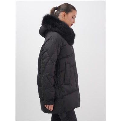 Куртка зимняя женская с мехом и капюшоном тренд черного цвета 7608Ch