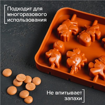 Форма для леденцов Доляна «Дино», силикон, 14×11×1,5 см, 8 ячеек, с палочками, коричневая