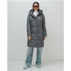 Пальто зимнее утепленное с капюшоном женское темно-серого цвета 7618TC