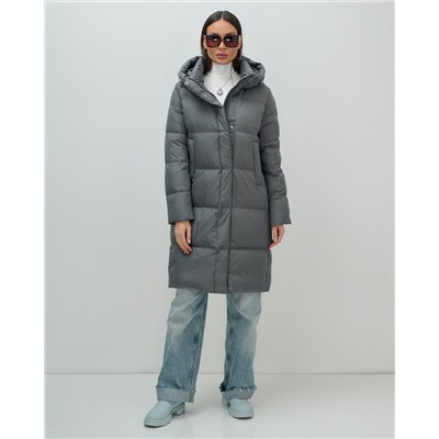 Пальто зимнее утепленное с капюшоном женское темно-серого цвета 7618TC