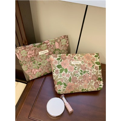 Retro capacious cosmetic bag, shoulder bag, small clutch bag, storage system, handheld cloth bag, liner, floral print