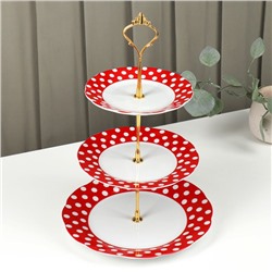 Этажёрка для фруктов и десертов Доляна «Горох», 3 яруса, керамика, d=15.5/17/23 см, красная