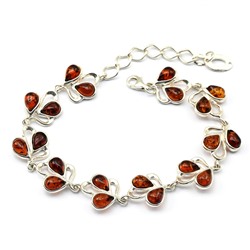 Браслет с янтарем С925 "2 капельки" 14*13мм коньячный, 19,5см, 12,5г