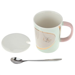 Кружка фарфоровая "Акварель" 320мл, д8,4см h10см, глянцевая глазурь, деколь с золотом, цвет - светло-мятный, ложка нерж. 14,3см, фарфоровая крышка, д/горла 8,2см, д/основания 6,7см, в подарочной коробке (Китай)