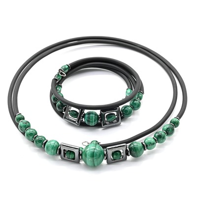 Чокер и браслет с малахитом шарики 8-13мм, 43см, 17см