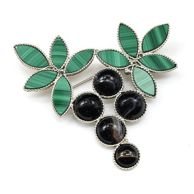 Брошь из малахита и агата глазкового "Лоза" 52*54мм.