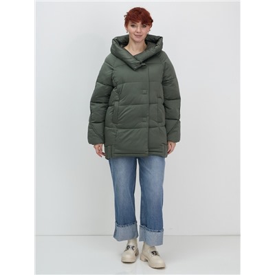 Куртка зимняя женская с капюшоном модная цвета хаки 7651Kh