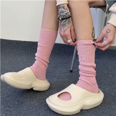 Spring and summer new Japanese solid color coarse lines and knee socks and calf socks jk sweet double -pin pile socks ins socks