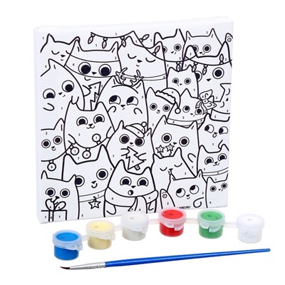 Картина по номерам на новый год на холсте с подрамником «Котики», 15×15 см