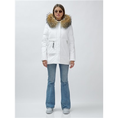 Куртка женская зимняя с мехом енот премиум класса белого цвета 3322_1Bl