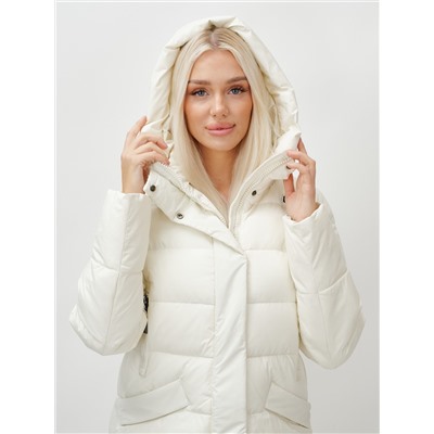 Пальто утепленное стеганное зимнее с капюшоном женское бежевого цвета 9610B