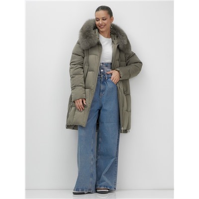 Пальто зимнее утепленное с мехом и капюшоном тренд коричневого цвета 7630K