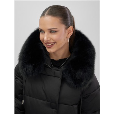 Куртка зимняя женская с мехом и капюшоном тренд черного цвета 7658Ch