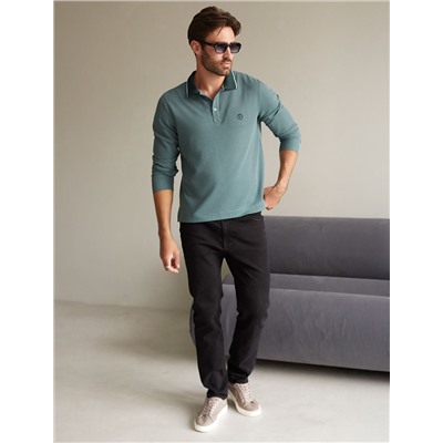 Лонгслив из фактурного трикотажа с плетеным воротником поло с застежкой на пуговицы