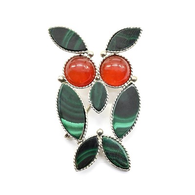 Брошь с малахитом и сердоликом "Сова" 48*31мм.