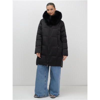 Пальто зимнее утепленное с мехом и капюшоном тренд черного цвета 7630Ch