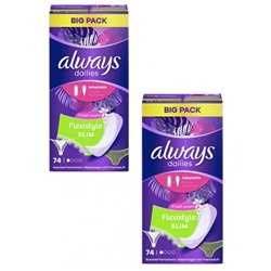 always Slipeinlage Flexistyle Slim Fresh BigPack 74 St, Прокладки Ежедневные тонкие Flexistyle с ароматом свежести 74 штуки, 2 упаковки (148 штук)