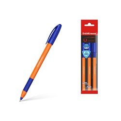 Набор ручек шариковых 3 штуки, ErichKrause U-109 Orange Stick&Grip, игольчатый узел 1.0 мм, чернила синие, супермягкое письмо, резиновый держатель, корпус оранжевый