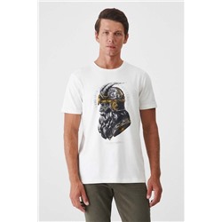 T-shirt bawełniany męski z domieszką elastanu z nadrukiem kolor beżowy