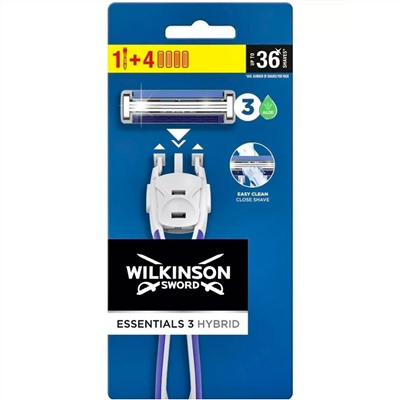 Станок для бритья Schick (Wilkinson Sword) Essentials 3 HYBRID (+4 кассеты) (совместимы с Quattro)