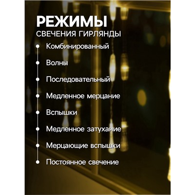 УЦЕНКА Гирлянда «Занавес», 2.5×0.65 м, с насадками «Капли», IP20, 50 LED, 220 В, 8 режимов, прозрачная нить, свечение тёплое белое