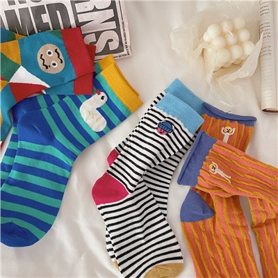 Cute Japanese knee socks, funny cartoon cotton doll, mid-length, with embroidery