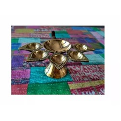 Панчмукхи Дипак из Латуни с Деревянной ручкой, Panchmukhi Deepak (Diya) Brass With Handle, произв. Kalyan Puja