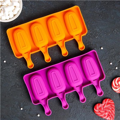 Форма для мороженого Доляна «Эскимо малое», силикон, 21.5×12.5×2 см, 4 ячейки (6.9×3.8 см), МИКС