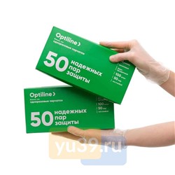 Перчатки виниловые Optiline, неопудренные, размер М, прозрачные, 100 штук в упаковке