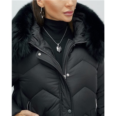 Куртка зимняя женская с мехом и капюшоном тренд черного цвета 7759Ch