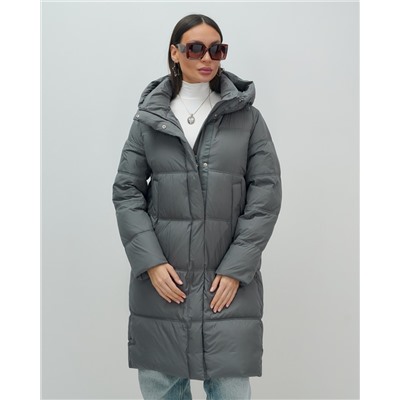 Пальто зимнее утепленное с капюшоном женское темно-серого цвета 7618TC