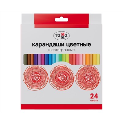Карандаши цветные Гамма, 24цв., шестигранные, заточен., картон. упаковка, европодвес