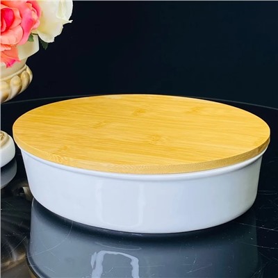 142-091 Овальное блюдо для запекания 19см с бамбук.крышкой в под.уп.(х16)Фарфор