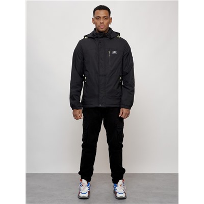 Куртка спортивная мужская весенняя с капюшоном черного цвета 88023Ch