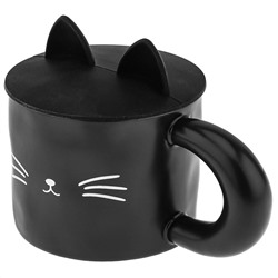 Кружка фарфоровая "Котик" 350мл, д9,5см h7,8см, матовая глазурь, с деколью, цвет - черный, силиконовая крышка, цвет - черный, д/горла 9,2см, д/основания 9см, в подарочной коробке (Китай)