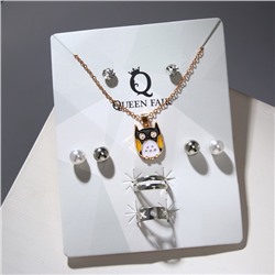 Гарнитур 6 предметов: 3 пары пусет, кулон 2 кольца «Сова», цветной в золоте, 45 см