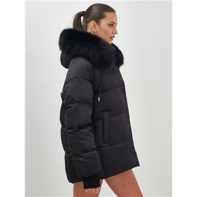 Куртка зимняя женская с мехом и капюшоном тренд черного цвета 7658Ch