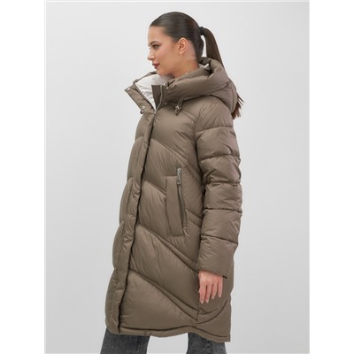 Пальто зимнее утепленное с капюшоном женское коричневого цвета 7747K