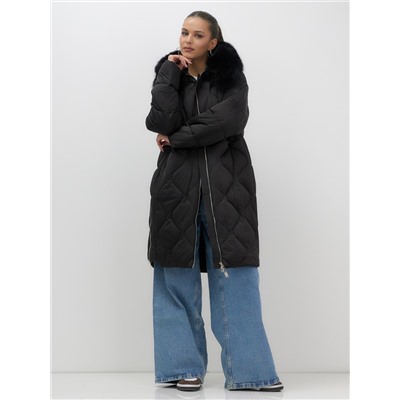 Пальто зимнее утепленное с мехом и капюшоном тренд черного цвета 7753Ch