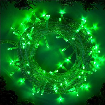 Гирлянда «Нить» 10 м, IP20, прозрачная нить, 100 LED, 8 режимов, 220 В, свечение зелёное