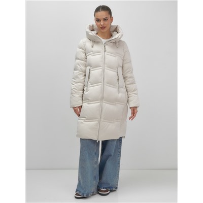 Пальто зимнее утепленное с капюшоном женское бежевого цвета 7779B