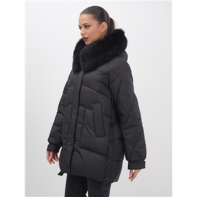 Куртка зимняя женская с мехом и капюшоном тренд черного цвета 7608Ch