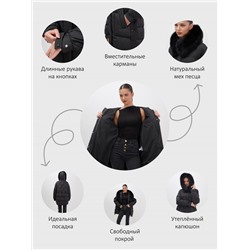 Куртка зимняя женская с мехом и капюшоном тренд черного цвета 7608Ch