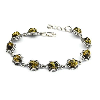 Браслет с янтарем С925 овальчик 10*18мм зеленый, 18см, 10,2г