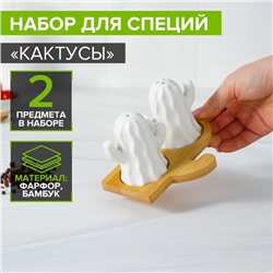 Набор для специй BellaTenero «Кактусы», солонка 75 мл, перечница 75 мл, на бамбуковой подставке, фарфор, белый