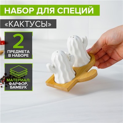 Набор для специй BellaTenero «Кактусы», солонка 75 мл, перечница 75 мл, на бамбуковой подставке, фарфор, белый