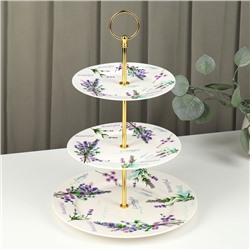 Этажёрка для фруктов и десертов Доляна «Лаванда», 3 яруса, d=15/18/23 см, фарфор, белая