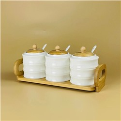 140-155 Набор из 3 банок 320мл для специй с ложками на подставке BAMBOO в под.уп.(х16)Фарфор