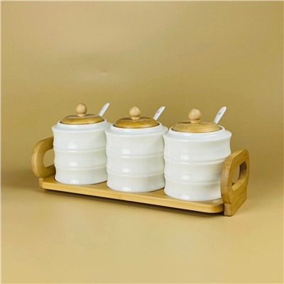 140-155 Набор из 3 банок 320мл для специй с ложками на подставке BAMBOO в под.уп.(х16)Фарфор