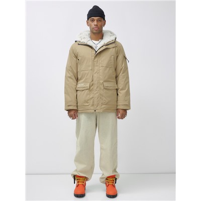 Парка мужская зимняя удлиненная с мехом горчичного цвета 8751G